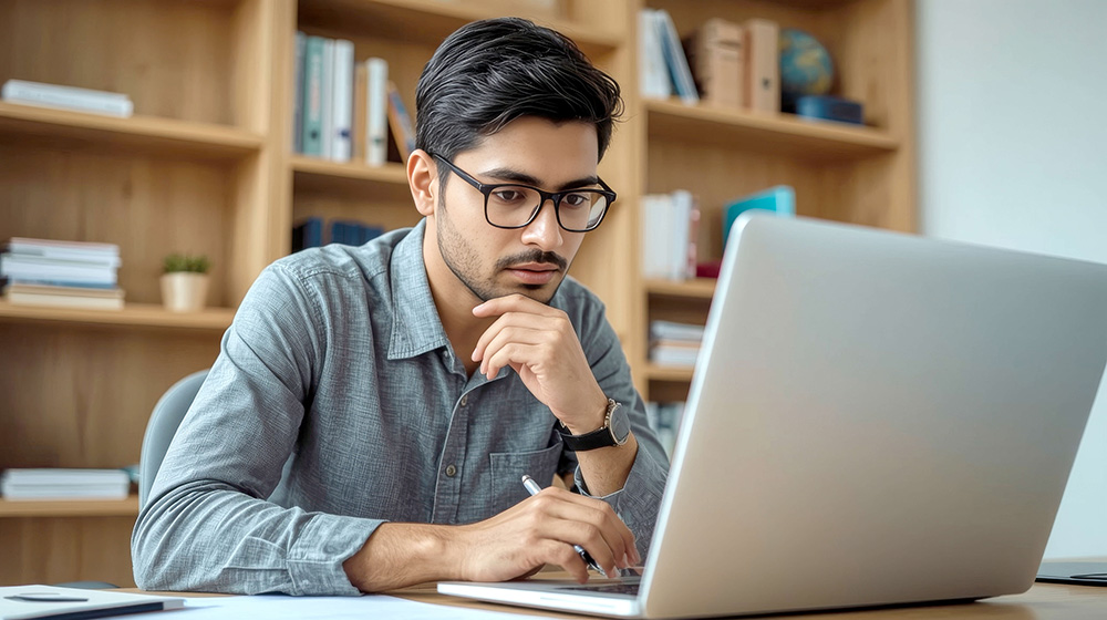 Young man researching on a laptop, representing the importance of learning about insurance coverage and making informed decisions.